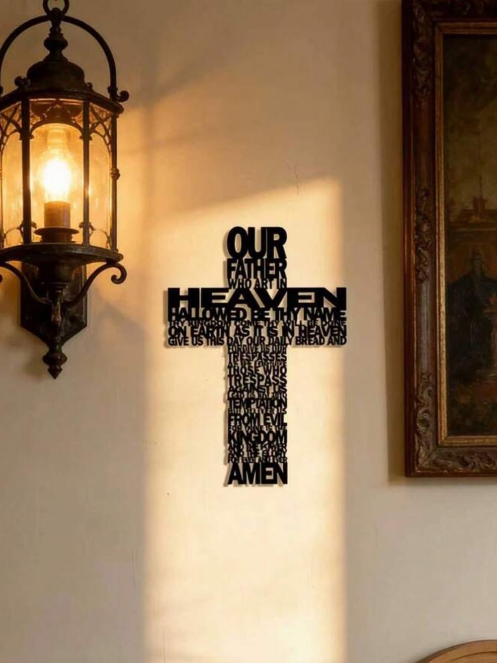 Black Prayer Cross Wall Decor, Black Metal Cross with Our Father Prayer Cross